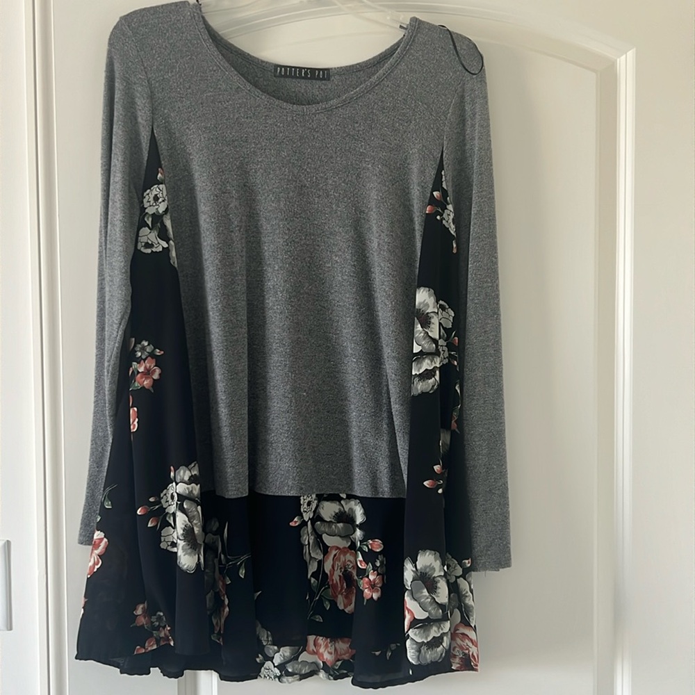 Gray long sleeve light sweater with black floral mesh details